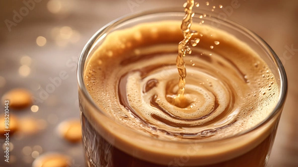 Fototapeta An artistic photo of coffee being poured into a glass with a swirl pattern and a soft focus background.