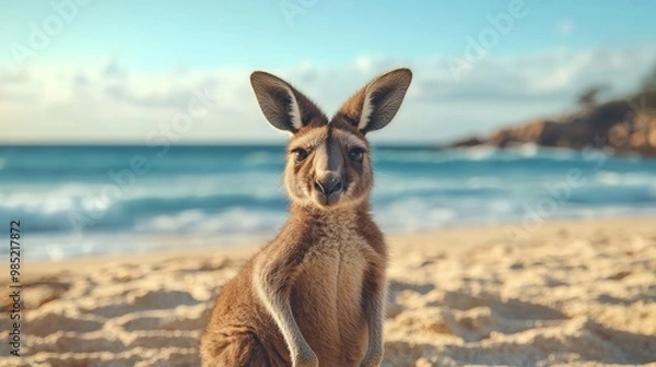 Fototapeta Kangaroo standing on a sandy beach with the ocean in the background