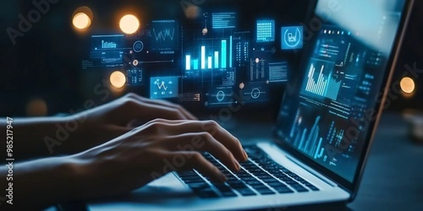 Fototapeta Person using laptop with digital icons for analytics and automation floating above the keyboard 