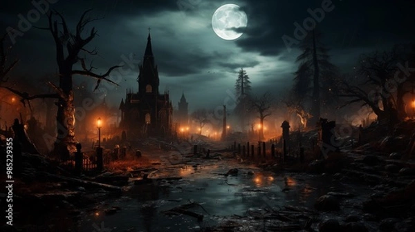 Fototapeta Mystical ancient graveyard under cloudy sky with super moon