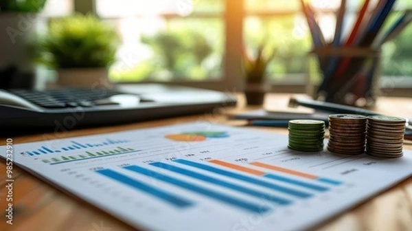 Fototapeta Personal finance management with budgeting tools on a desk, organized style, close-up, sharp focus, bright lighting