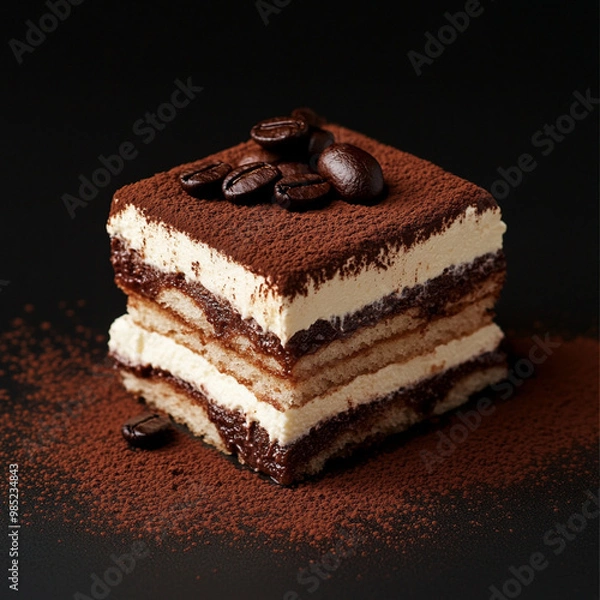 Fototapeta 마스카르포네 치즈, 에스프레소, 코코아 가루 등을 층층이 쌓아 만든 이탈리아의 인기 디저트 
티라미수