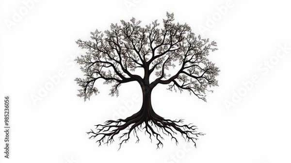 Fototapeta Silhouette of a tree with intricate branches and widespread roots against a white background, symbolizing growth, stability, and interconnectedness with nature.