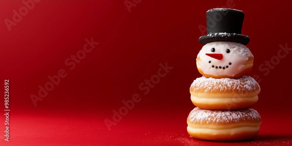 Fototapeta Snowman made of three donuts wearing a black hat is standing on a red background for christmas celebration with copy space