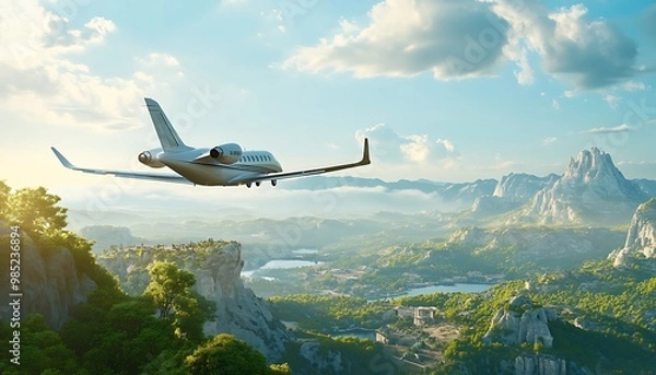 Fototapeta Private Jet Soaring Above Majestic Mountains