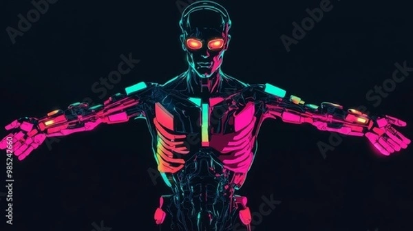 Obraz A glowing cyborg with neon lights in a dark background.