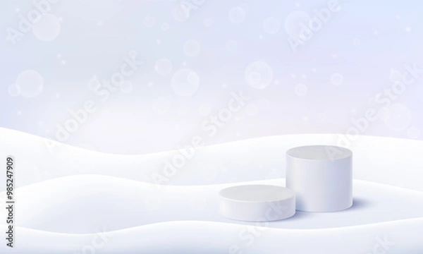 Obraz 3d snow winter background. Vector pile on ground. Crystal drift floor landscape with ice hills. Pastel podium for winter sale. Snowflakes bokeh Christmas magic scene. Snowdrift background frame png