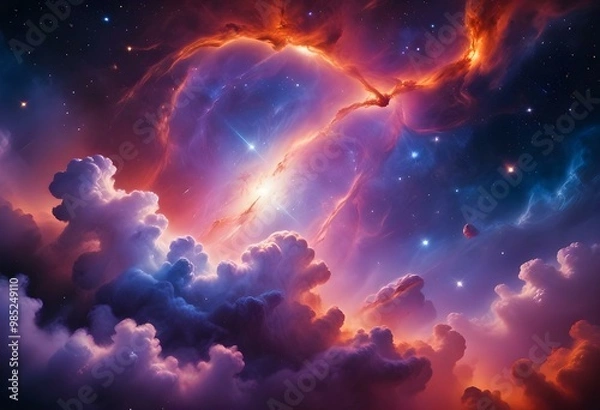 Fototapeta A colorful, nebulous space scene with swirling clouds of gas and dust, illuminated by bright stars and glowing celestial bodies against a dark, starry background
