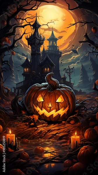 Fototapeta Halloween jack-o'-lantern in front of a spooky castle. AI generated illustration