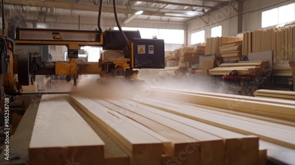 Fototapeta A woodworking machine cutting planks in a workshop, creating sawdust.