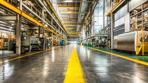 Obraz A spacious industrial facility with machinery and a clear pathway.