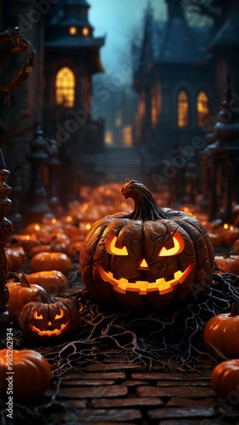 Fototapeta Halloween's jack-o'-lantern in a cobblestone street full of pumpkins, as if they were conquering or taking over this spooky old town