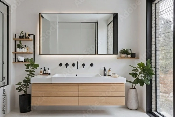 Fototapeta A sleek bathroom with a floating vanity made of light oak wood and a white quartz countertop.