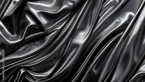 Fototapeta Texture noire brillante drapée, reflets métalliques, ondulé lisse. Idéal pour arrière-plan, design futuriste, textile, mode, décoration, packaging, graphisme digital, visuels modernes créatifs