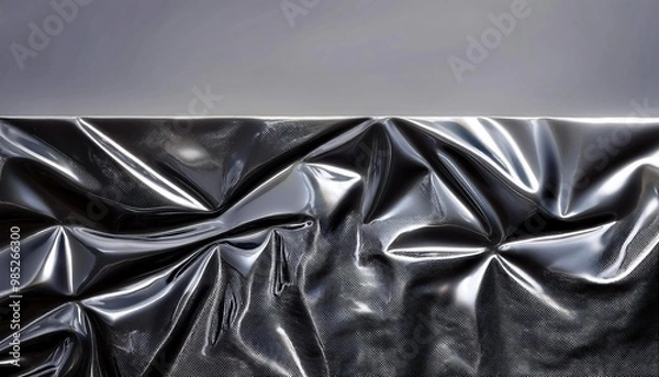 Fototapeta Texture noire brillante drapée, reflets métalliques, ondulé lisse. Idéal pour arrière-plan, design futuriste, textile, mode, décoration, packaging, graphisme digital, visuels modernes créatifs