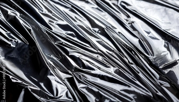 Fototapeta Texture noire brillante drapée, reflets métalliques, ondulé lisse. Idéal pour arrière-plan, design futuriste, textile, mode, décoration, packaging, graphisme digital, visuels modernes créatifs