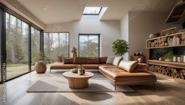 Fototapeta  A spacious villa living room with wide-open windows, a low wooden bench serving as a coffee