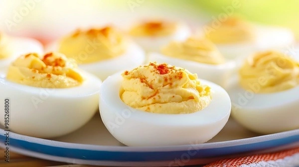 Fototapeta A platter of deviled eggs on an outdoor table ready for a party. 