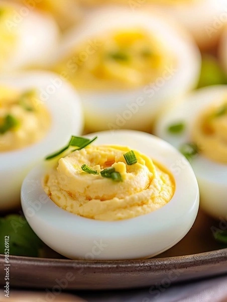 Fototapeta A platter of deviled eggs on an outdoor table ready for a party. 