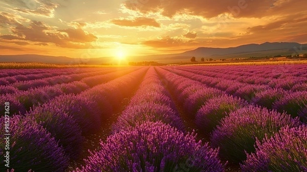 Fototapeta Lavender field at sunset with golden light shining through the rows of purple flowers.