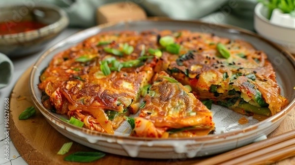 Fototapeta Kimchi Jeon: Close-Up Front View of Pan-Fried Korean Kimchi Pancakes