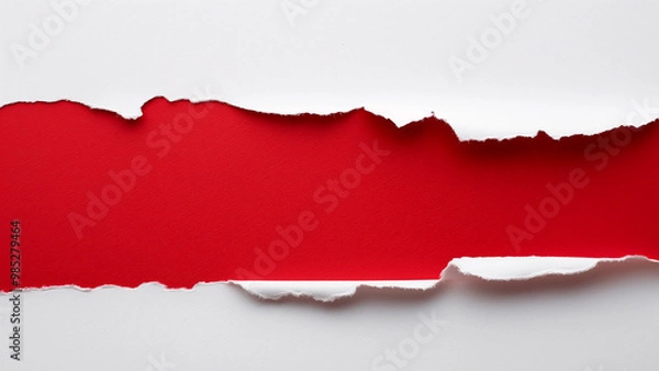 Fototapeta Torn white paper with a red background, ideal for abstract and creative design concepts.