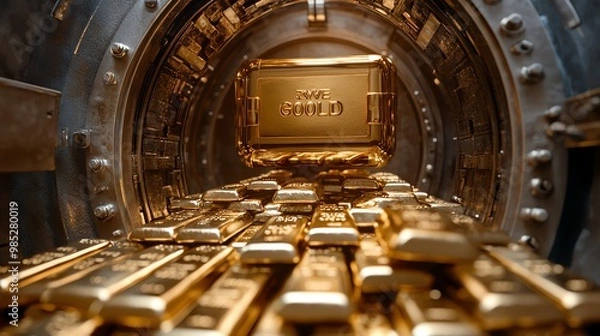 Fototapeta A gold vault with a box of gold bullion in the center of a pile of gold bars.