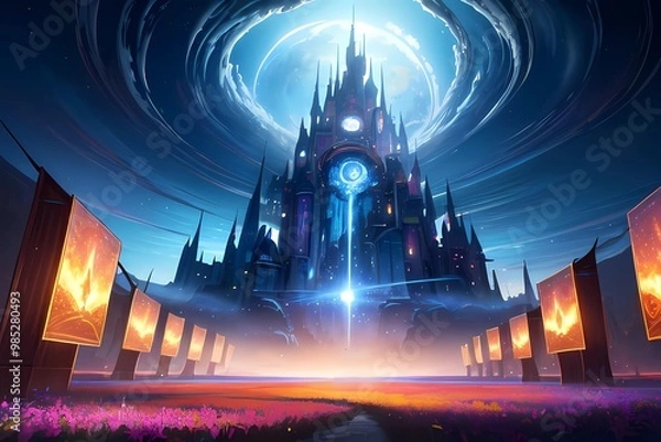 Fototapeta ゲーム背景　異世界エネルギーを放つ場所にある尖塔がある古代の城風景