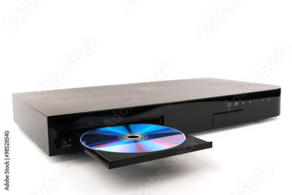 Obraz DVD, CD disk insert to dvd player on white background, close-up, isolated