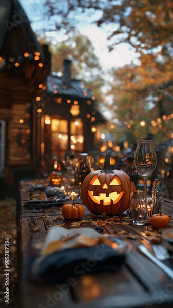 Fototapeta Halloween dinner table with rustic pumpkin decoration in the garden of a house with fall color trees
