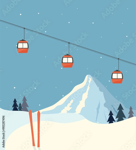 Obraz snowy mountains and forests, ski slopes and lifts, people skiing, snowboarding or sledding, skating, houses in the mountains, cozy ski resorts, tourists in winter equipment, winter sports attributes
