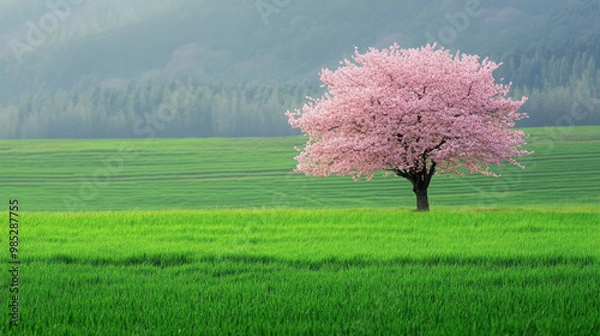Obraz A lone sakura tree in full bloom standing in the middle of a lush green field, creating a striking contrast.