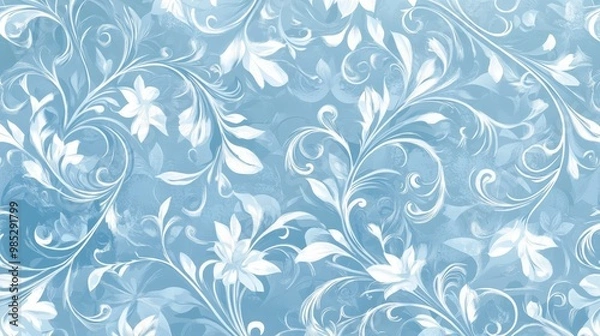 Obraz Blue Floral Pattern Background with White Swirls