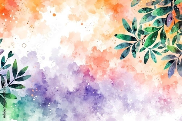 Fototapeta A beautiful watercolor design featuring green leaves against a soft gradient background of orange, purple, and pink, creating a peaceful and artistic nature scene.
