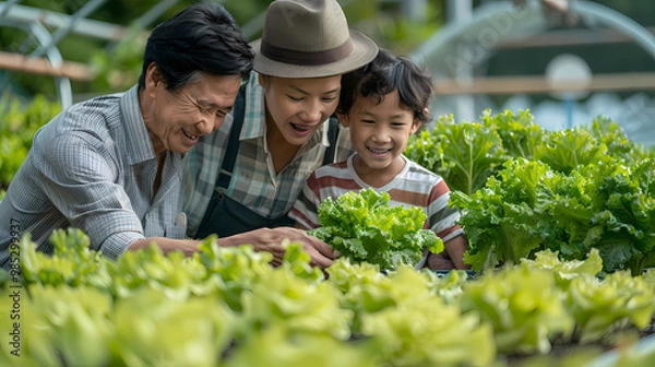 Fototapeta Several Asian farmers working together in a hydroponics system on a vegetable farm. In a greenhouse garden, grandparents teach their grandchildren how to grow and care for organic lettuce vegetables.