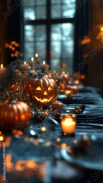 Fototapeta Stylish Halloween dinner table with fancy metal jack-o-lantern and other decorations inside a luxury home. AI generated