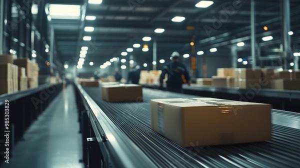 Fototapeta Packages moving along a conveyor belt in a warehouse.
