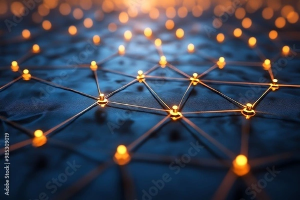 Obraz Abstract network of glowing orbs connected by thin lines on a dark blue background.