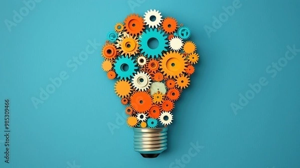 Fototapeta Lightbulb made of interconnected gears and icons representing business and creativity, complex ideas, mechanical creativity in business