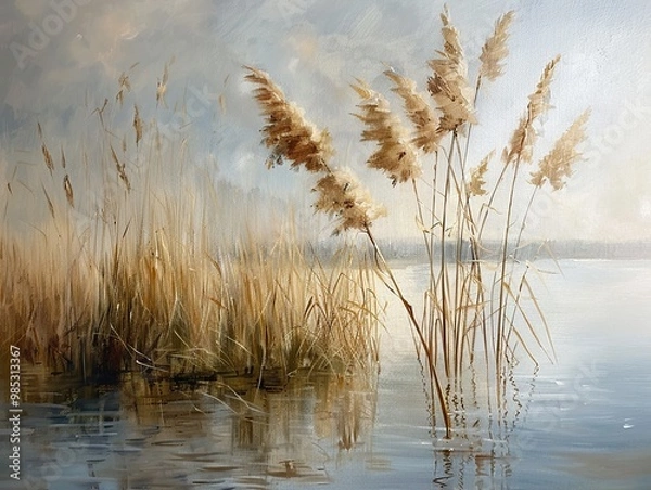 Fototapeta Tranquil Lake Landscape with Reeds and Reflections