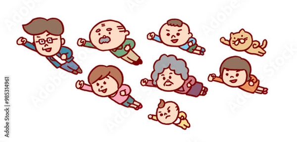 Obraz おもしろかわいい二頭身の家族のイラスト