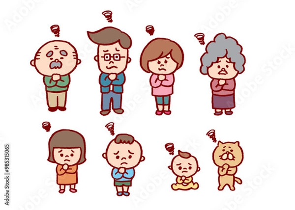 Fototapeta おもしろかわいい二頭身の家族のイラスト