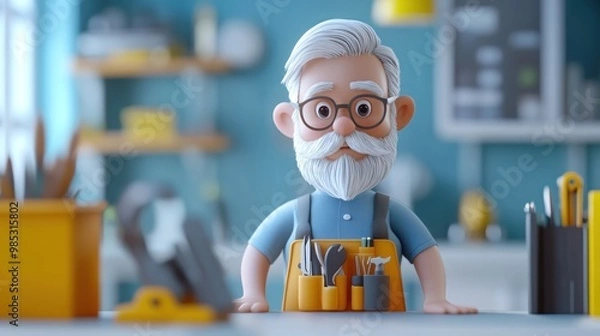 Obraz A 3D character of an elderly man with a beard, wearing an apron with tools, in a workshop.