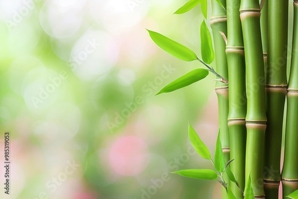 Fototapeta Green bamboo stems on blurred background with space for text. Fresh and natural, this image features Asian-inspired botanical decor. Ideal for spa, wellness, and relaxation themes.