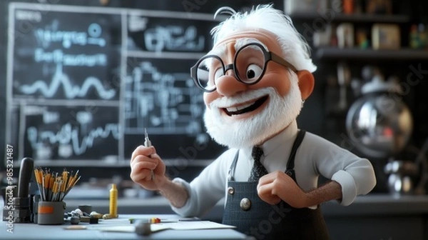 Obraz A cheerful elderly scientist with glasses, holding a pen in a lab filled with charts and tools.