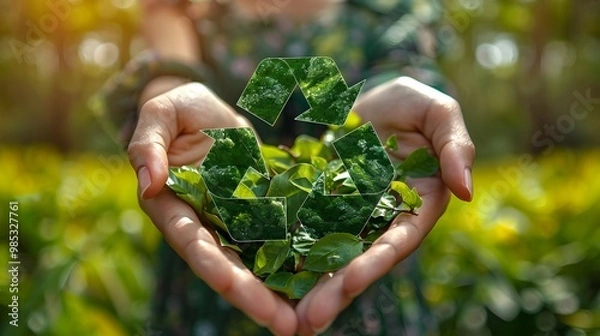 Fototapeta Hands holding a recycle symbol on a green background