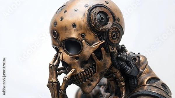 Fototapeta Steampunk skeleton with mechanical parts, surrounded by Halloween masks, detailed 3D rendering, vintage brass and copper tones, isolated on white background