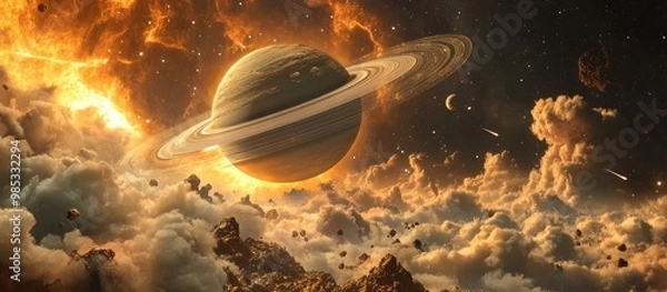 Fototapeta Surreal 3D rendering of Saturn and its moon Titan featuring clouds stars the Orion nebula and meteorites within a cosmic scene