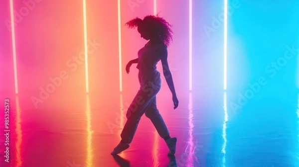 Fototapeta Hip hop dancer woman standing on tiptoe in colorful neon studio light AI generated image