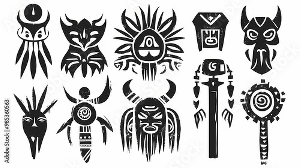 Fototapeta A black and white drawing of various tribal symbols. Tribal Art. Illustration